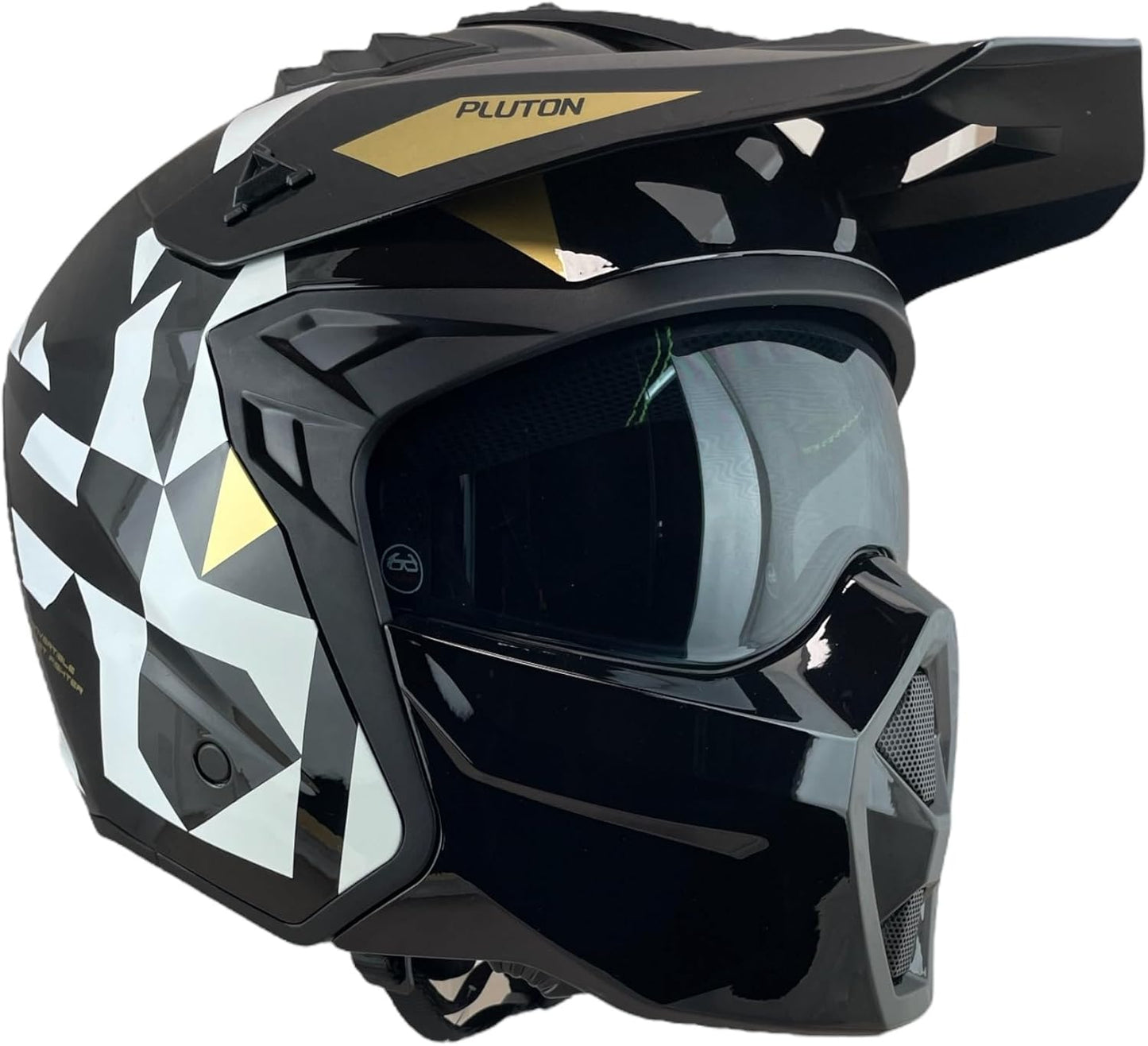 CASCO TRIAL UNIK Modello Pluto Nero Lucido e Oro con Visiera Parasole Rimovibile