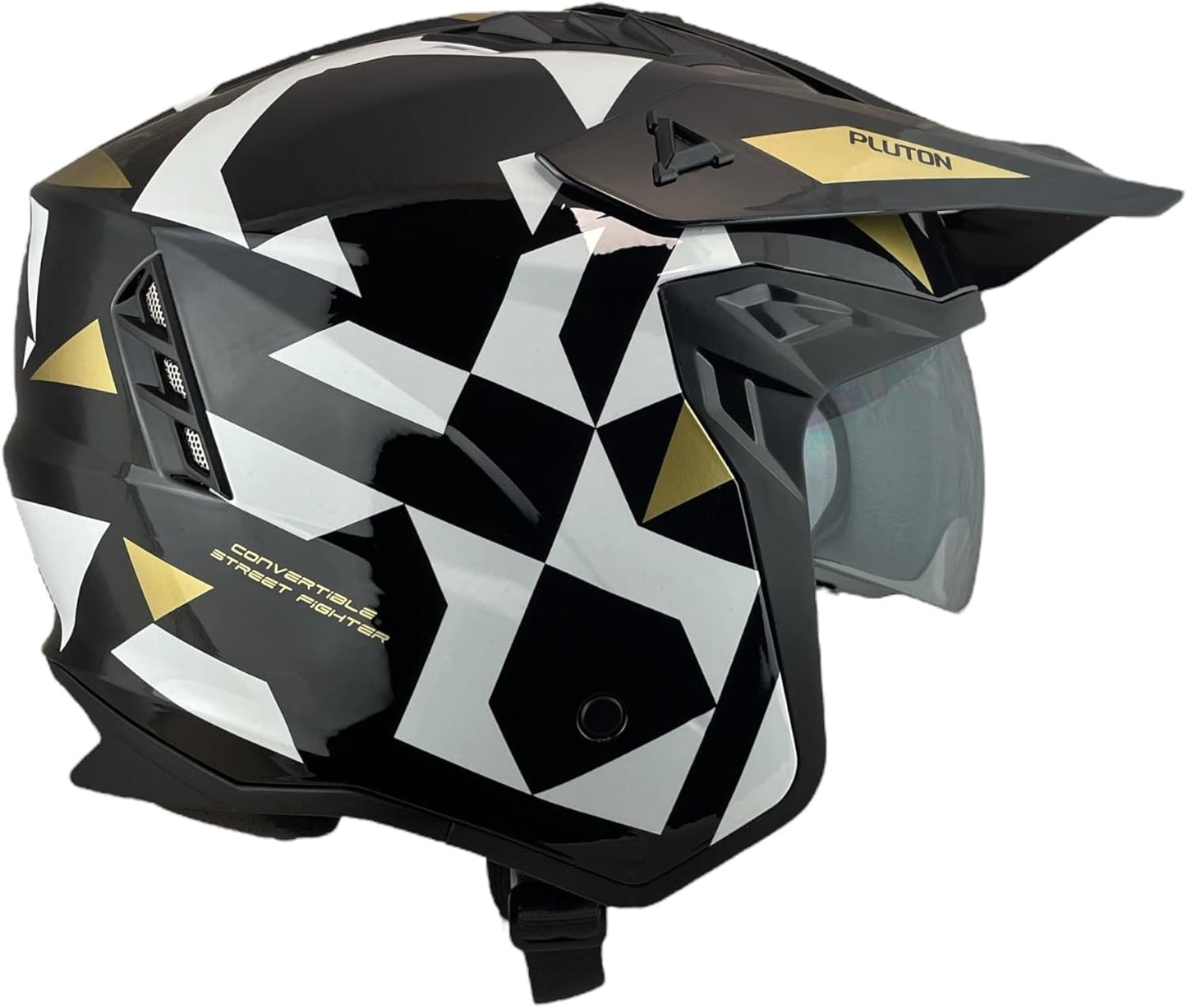 CASCO TRIAL UNIK Modello Pluto Nero Lucido e Oro con Visiera Parasole Rimovibile