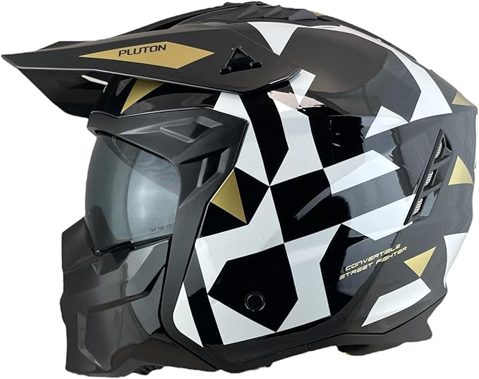 CASCO TRIAL UNIK Modello Pluto Nero Lucido e Oro con Visiera Parasole Rimovibile