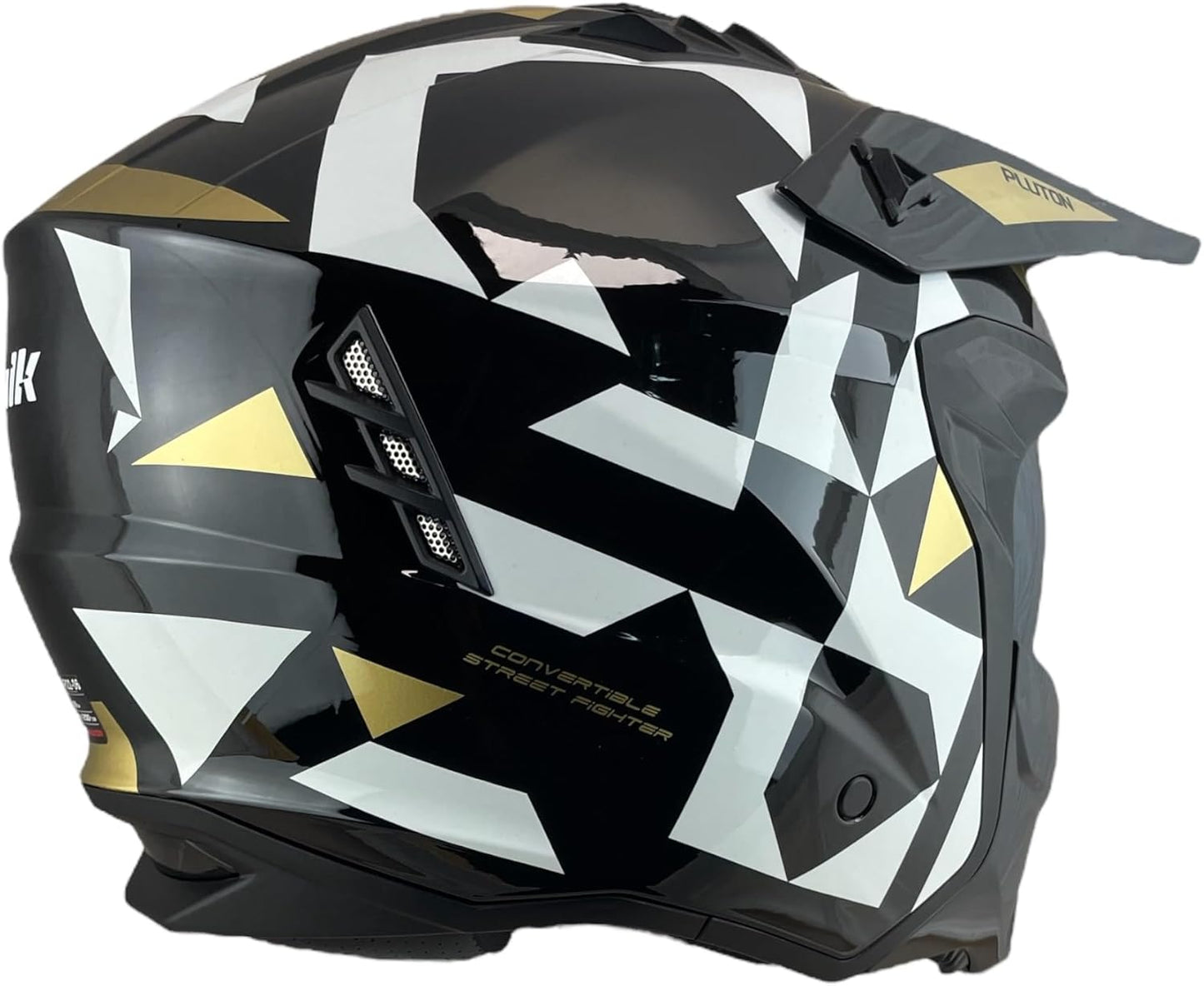 CASCO TRIAL UNIK Modello Pluto Nero Lucido e Oro con Visiera Parasole Rimovibile