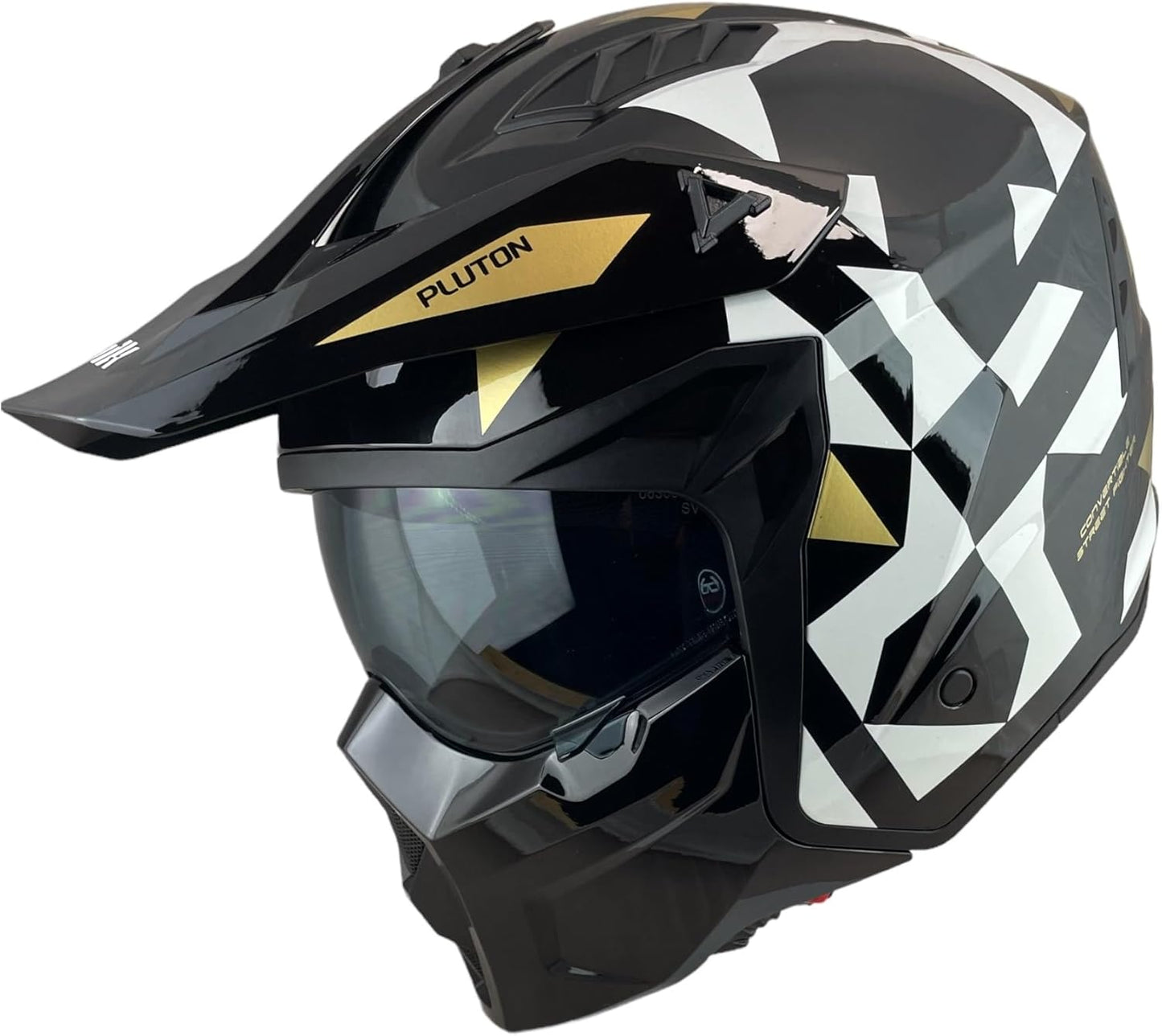 CASCO TRIAL UNIK Modello Pluto Nero Lucido e Oro con Visiera Parasole Rimovibile