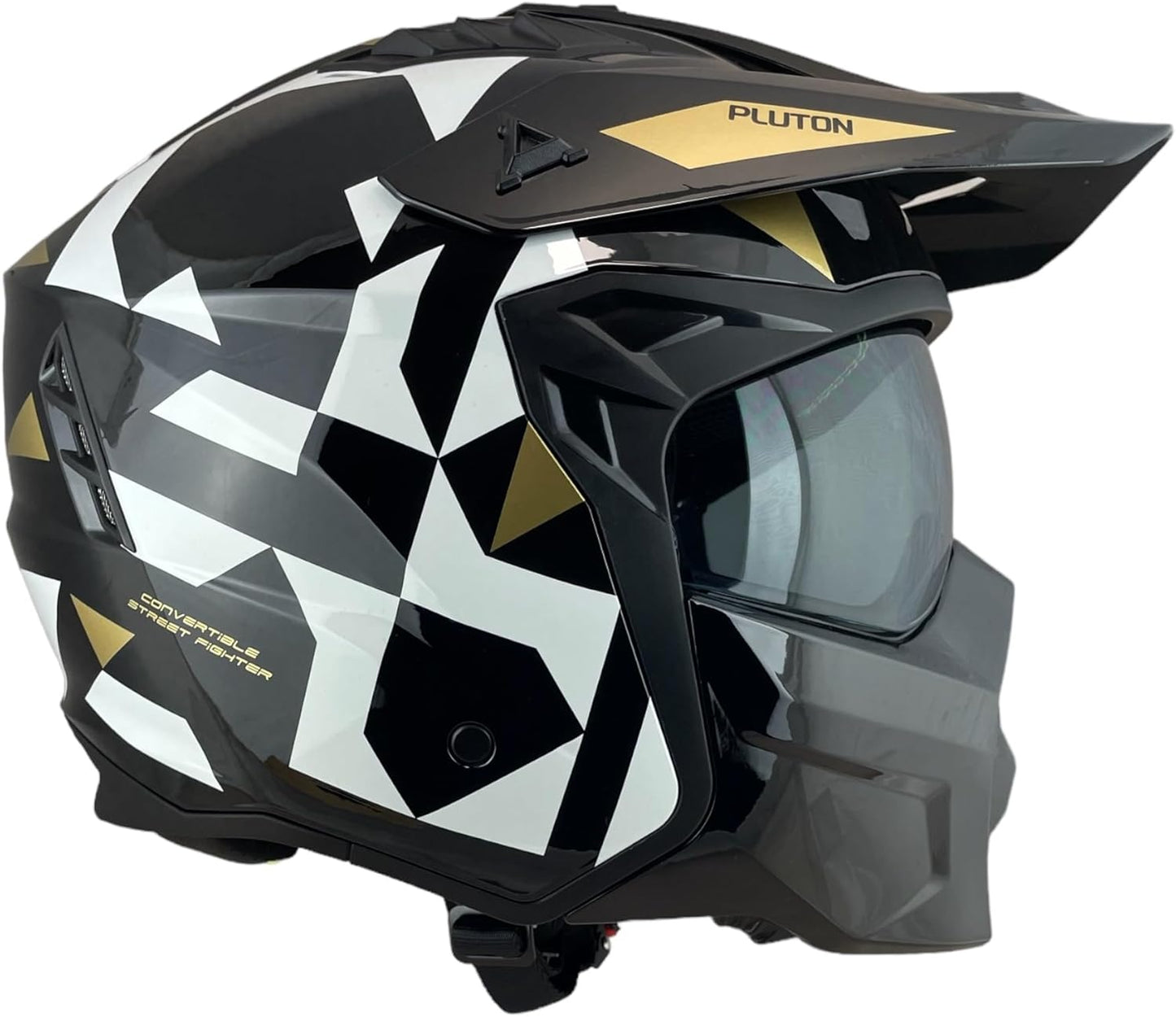 CASCO TRIAL UNIK Modello Pluto Nero Lucido e Oro con Visiera Parasole Rimovibile