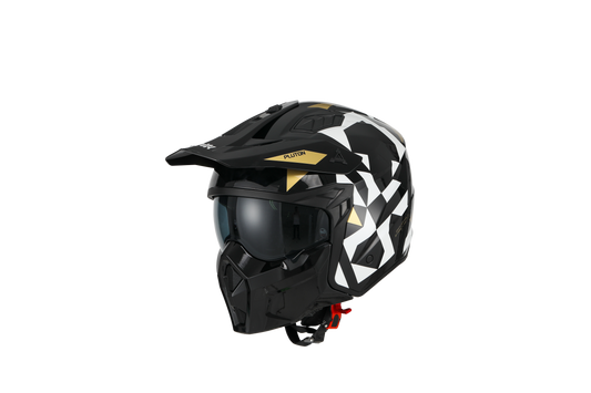 CASCO TRIAL UNIK Modello Pluto Nero Lucido e Oro con Visiera Parasole Rimovibile