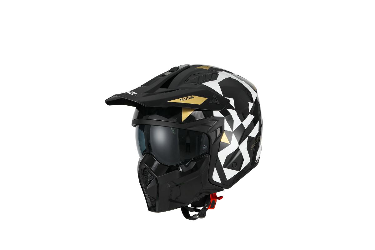 CASCO TRIAL UNIK Modello Pluto Nero Lucido e Oro con Visiera Parasole Rimovibile
